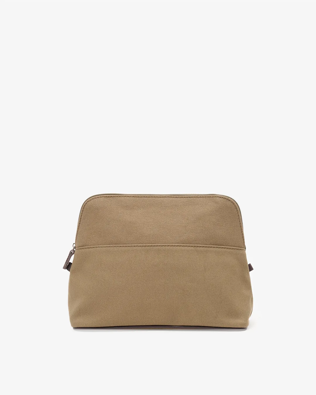 Olivengrønn toalettmappe i bomullscanvas med detaljer i brunt skinn