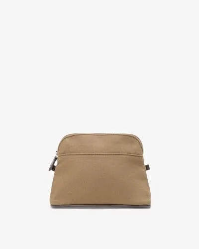 Produktbilde. Aspen toalettmappe i olivengrønn med brune detaljer i skinn. Toalettmappen har en avrundet topp.