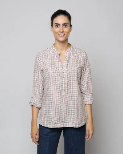 India skjorte, rød/grå smårutete bomull