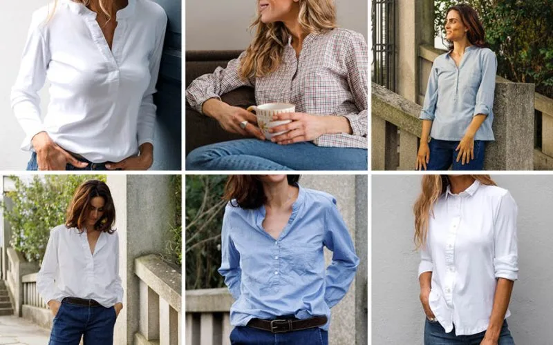 Collage med bilder av kvinner i tidløse og klassiske skjorter i hvitt, lyseblått og småruter.