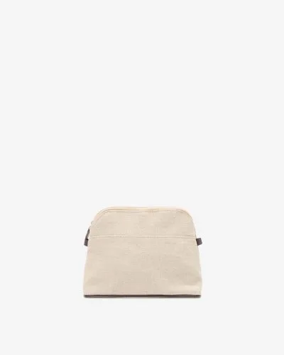 Produktbilde av aspen toalettmappe i liten størelse. Toalettmappen er i lys lin med brune detaljer. Den har avrundet overside og lukkes med glidelås i toppen.