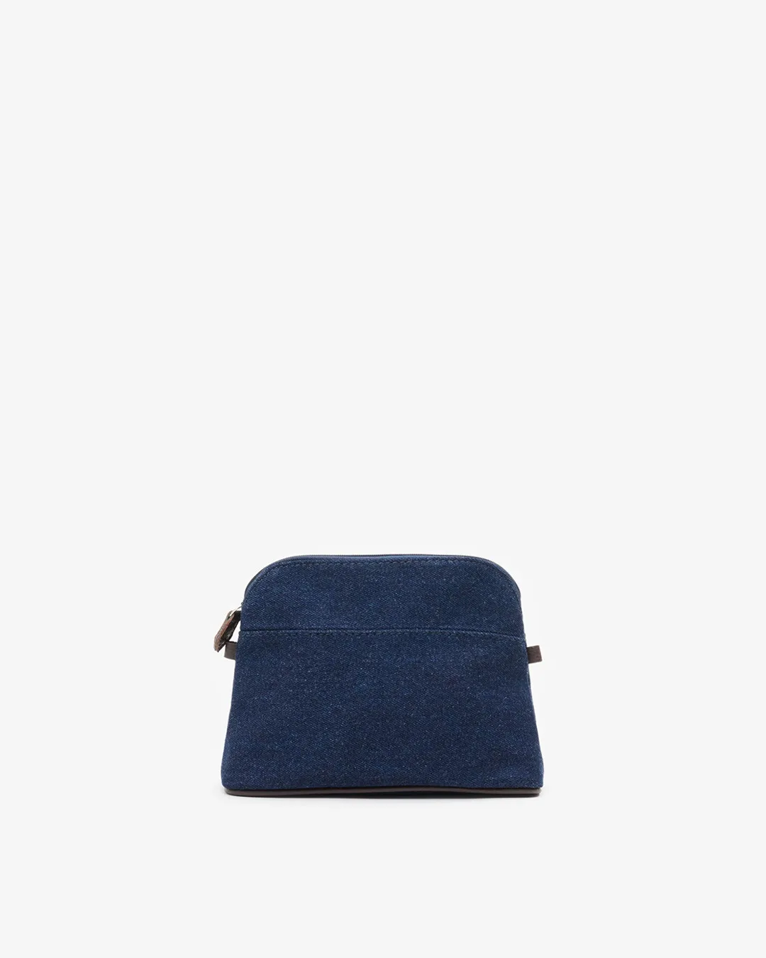 Produktbilde. Aspen liten toalettmappe i denim med brune detaljer i skinn. Toalettmappen har en avrundet topp.
